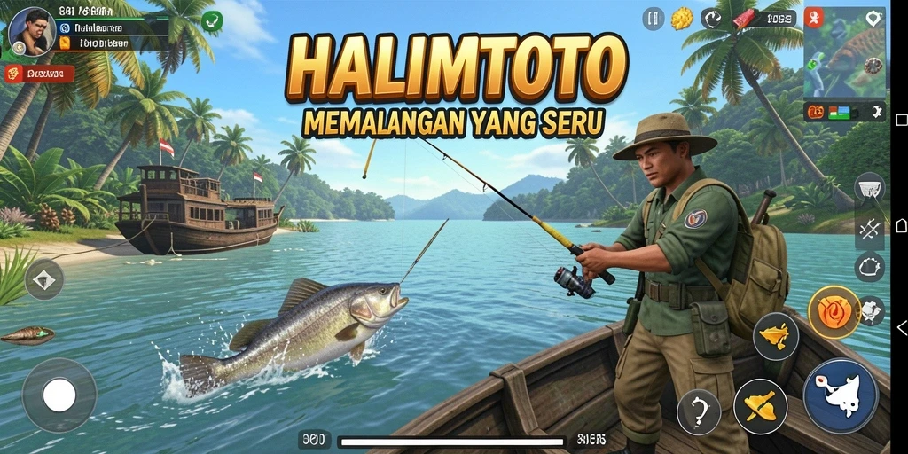 Gameplay HALIMTOTO yang menampilkan aksi memancing yang mendebarkan.