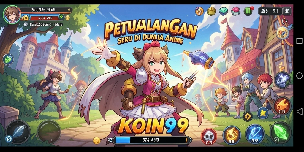 Tampilan gameplay KOIN99 yang penuh aksi dan karakter anime.