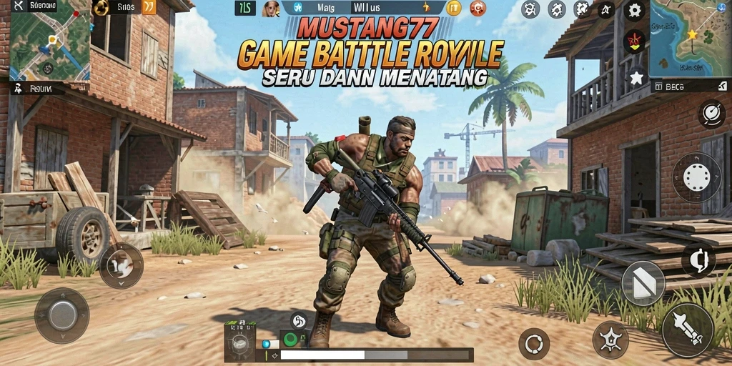 Screenshot MUSTANG77 menampilkan aksi intens dalam pertempuran Battle Royale.