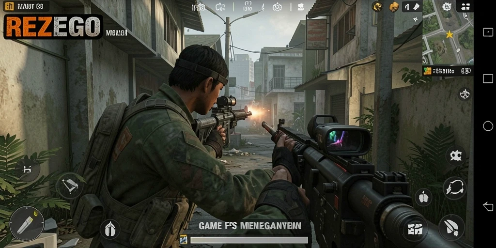 Screenshot dari gameplay REZEGO yang menunjukkan aksi intens dan grafis yang menakjubkan.