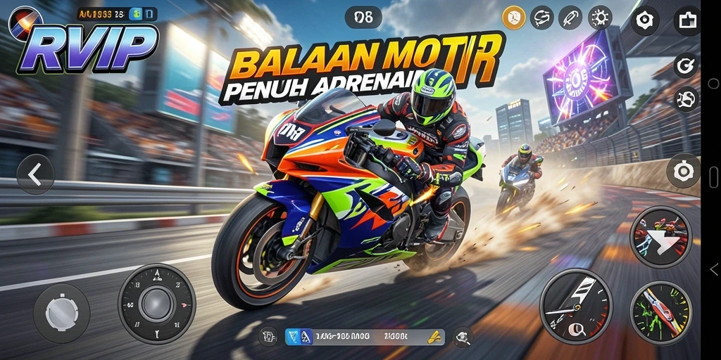Tangkapan layar gameplay RVIP dengan aksi balapan motor yang mendebarkan.