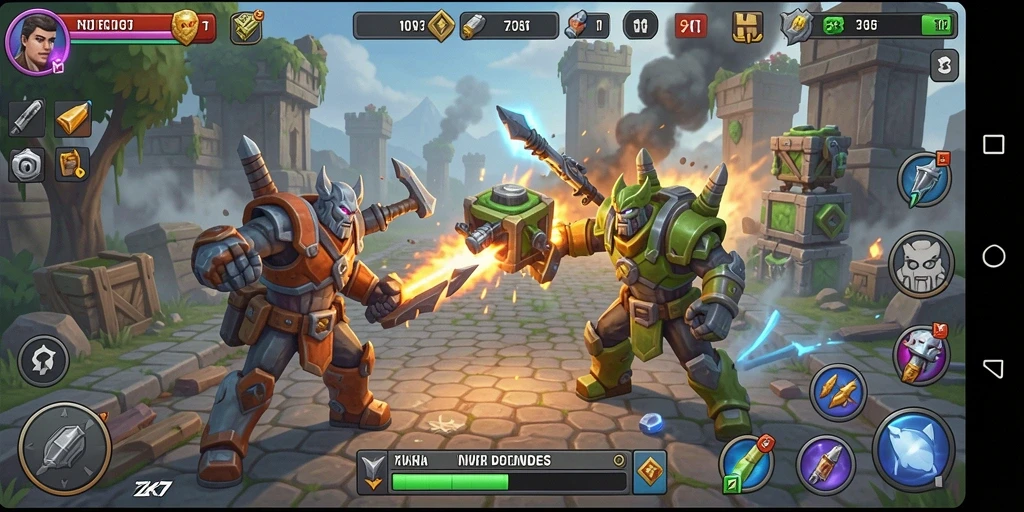 Tangkapan layar ZK7 dengan aksi menegangkan di medan perang Tower Defense.